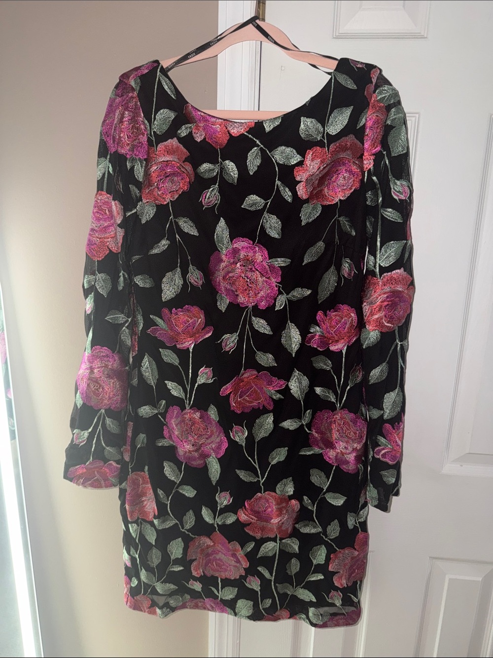 Siena Studio Black Long-Sleeve Dress with Pink Rose Embroidery